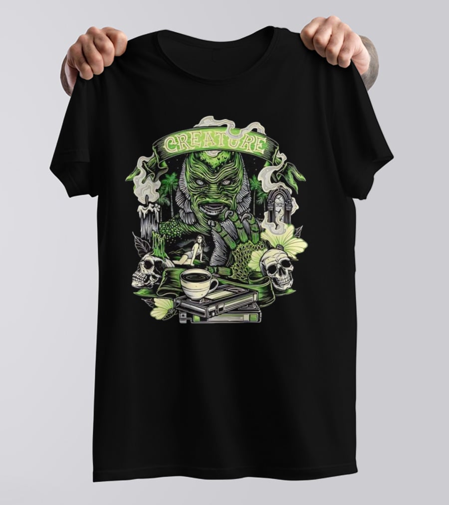 Creature From The Black Lagoon Gill-man Illustrated With Skulls, Books, And Coffee Cup T-Shirt