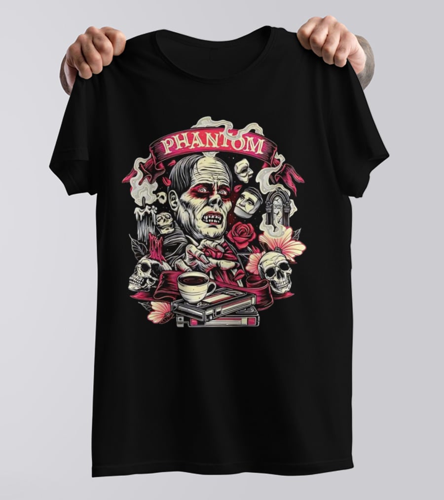 Phantom Of The Opera The Many Faces Of The Phantom With Skulls, Roses, And Coffee Cup T-Shirt