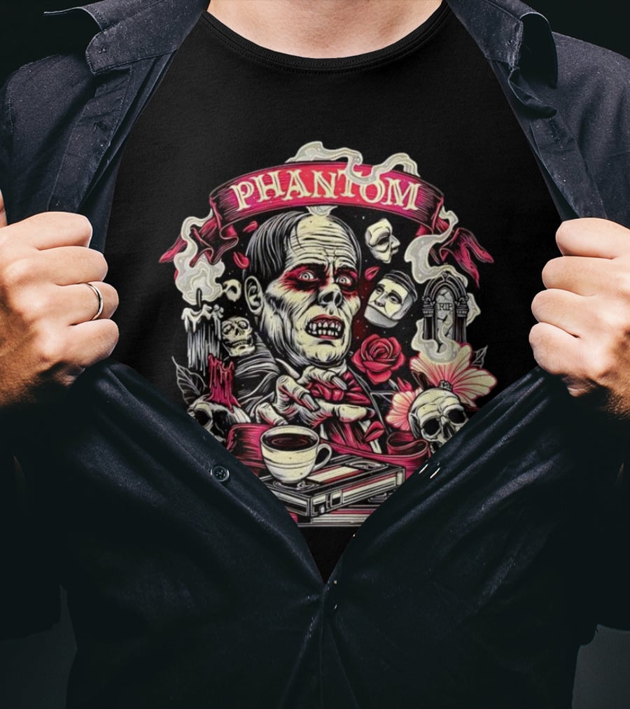 Phantom Of The Opera The Many Faces Of The Phantom With Skulls, Roses, And Coffee Cup T-Shirt
