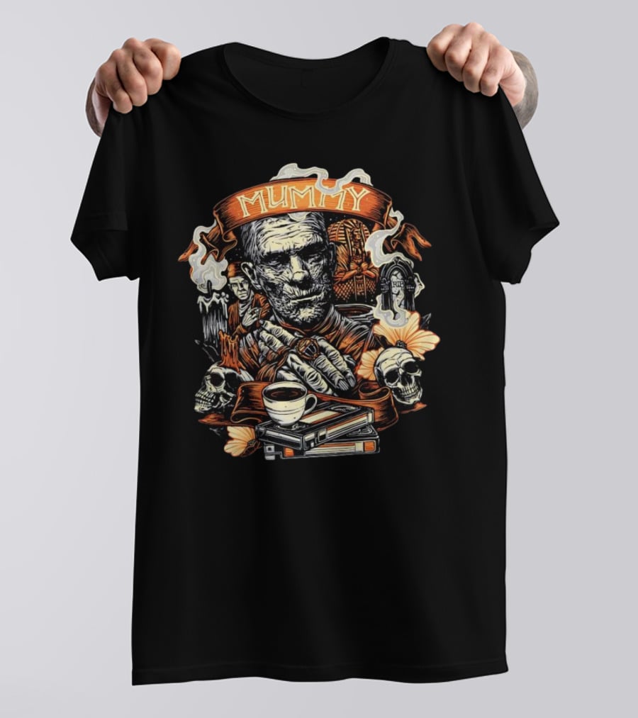 Mummy Vintage Horror Scene With Skulls And Coffee T-Shirt