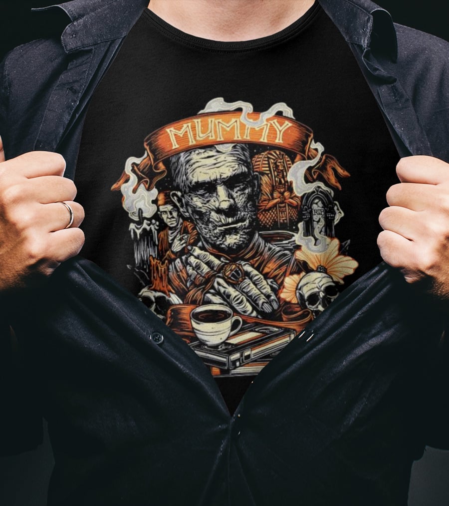 Mummy Vintage Horror Scene With Skulls And Coffee T-Shirt