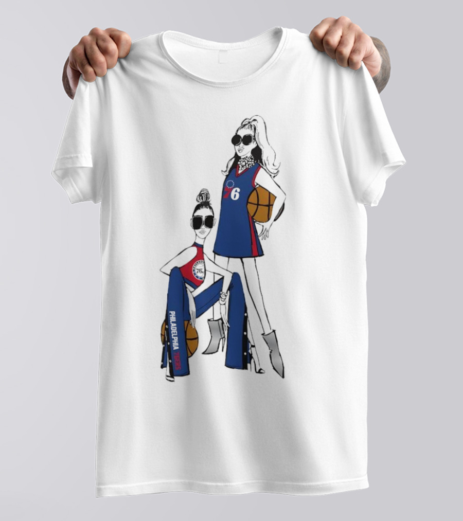 Philadelphia 76ers G-III 4Her Basketball Girls Fitted Blue And Red 76 Jersey And Pants With Basketball T-Shirt