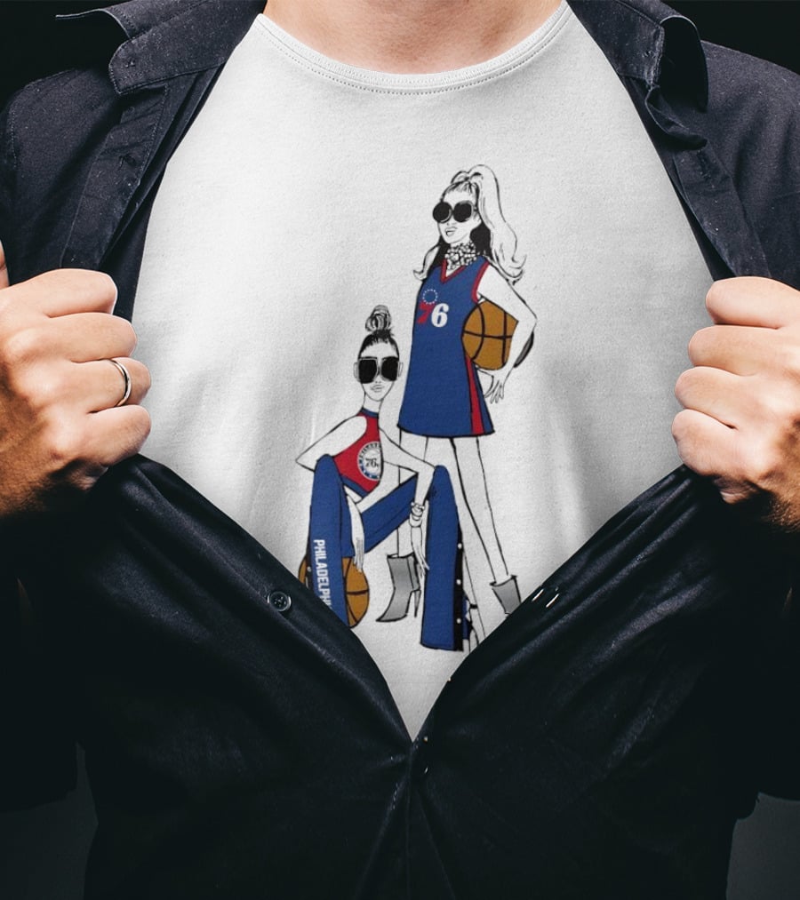 Philadelphia 76ers G-III 4Her Basketball Girls Fitted Blue And Red 76 Jersey And Pants With Basketball T-Shirt