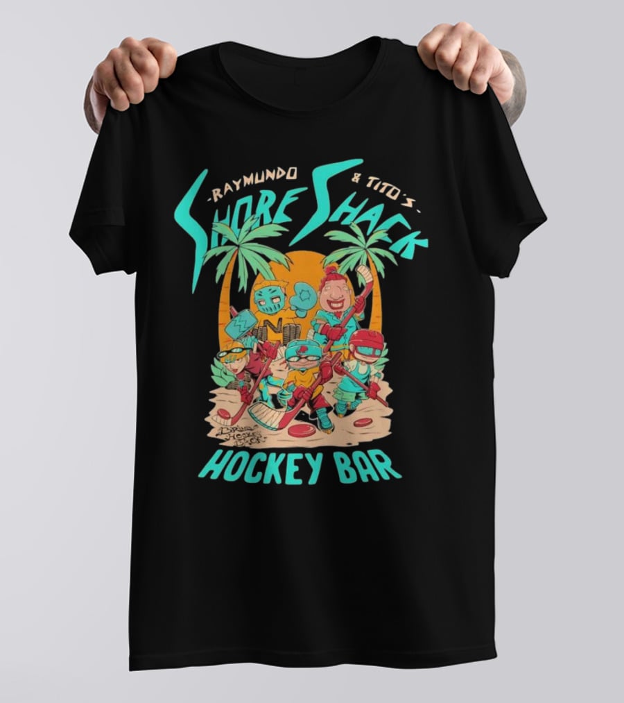 Raymundo And Tito's Shore Shack Hockey Bar Cartoon On The Beach With Hockey Players And Palm Trees T-Shirt