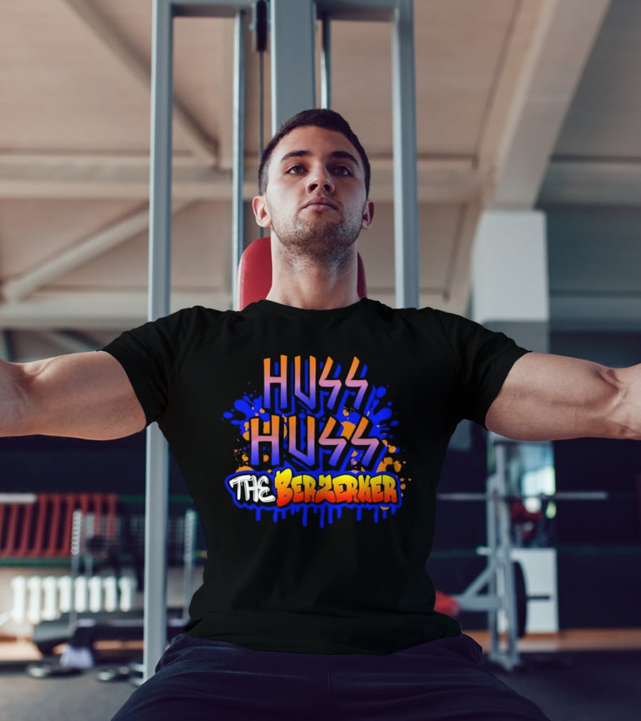 Huss Huss The Berzerker Graffiti Style Text With Blue And Orange Splatter T-Shirt