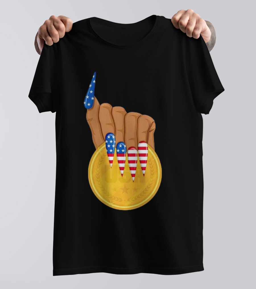 USA Gold Medal Hand With American Flag Nails T-Shirt