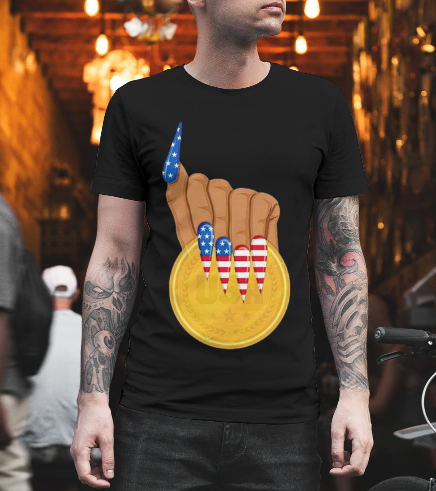 USA Gold Medal Hand With American Flag Nails T-Shirt
