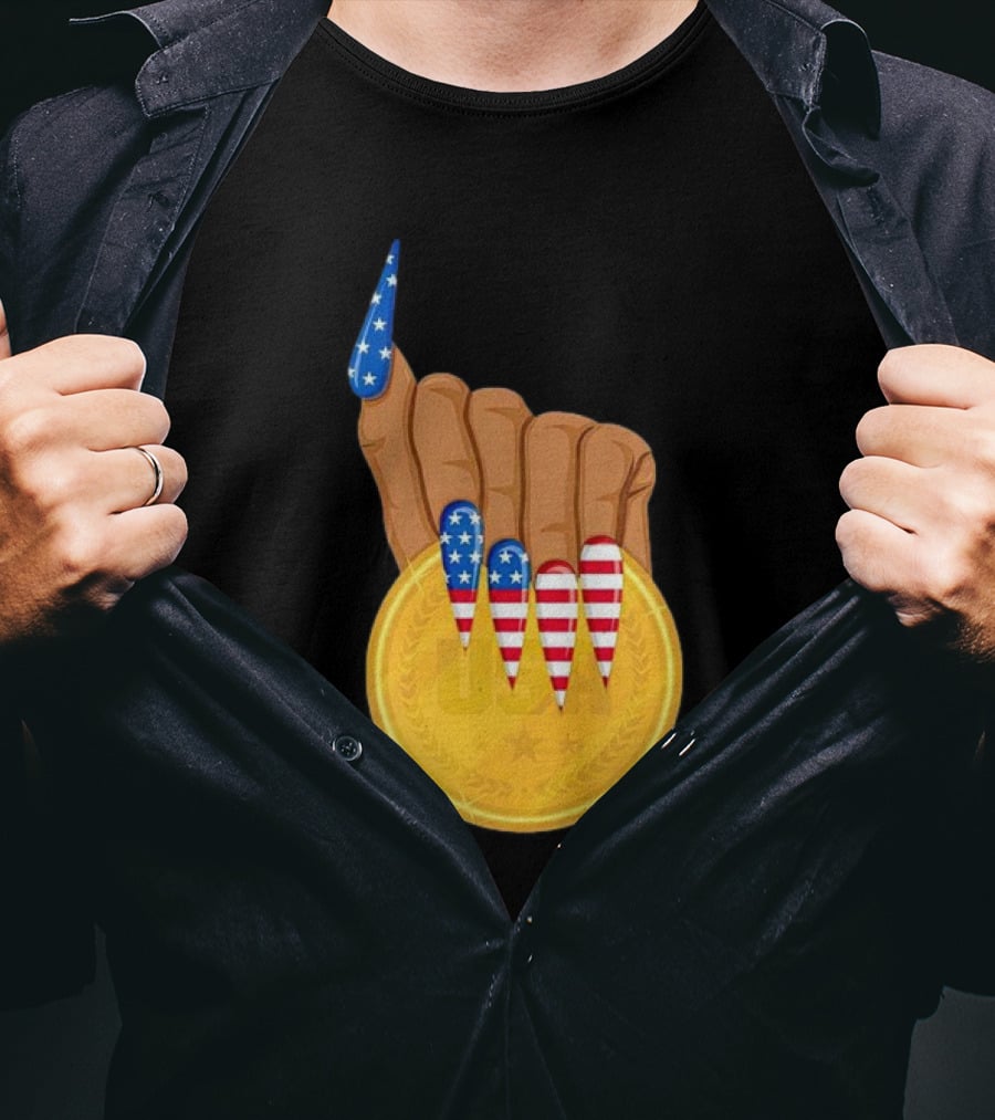 USA Gold Medal Hand With American Flag Nails T-Shirt