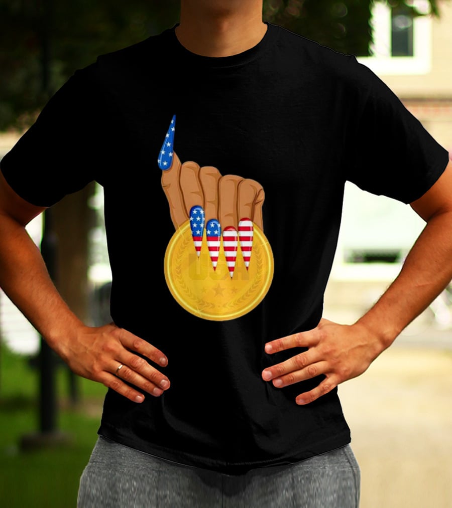USA Gold Medal Hand With American Flag Nails T-Shirt