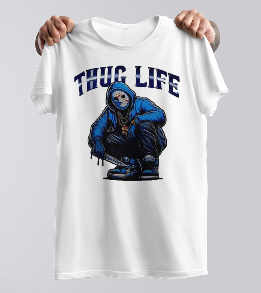 Thug Life Masked Man Sitting With Knife In Blue Hoodie And Sneakers T-Shirt