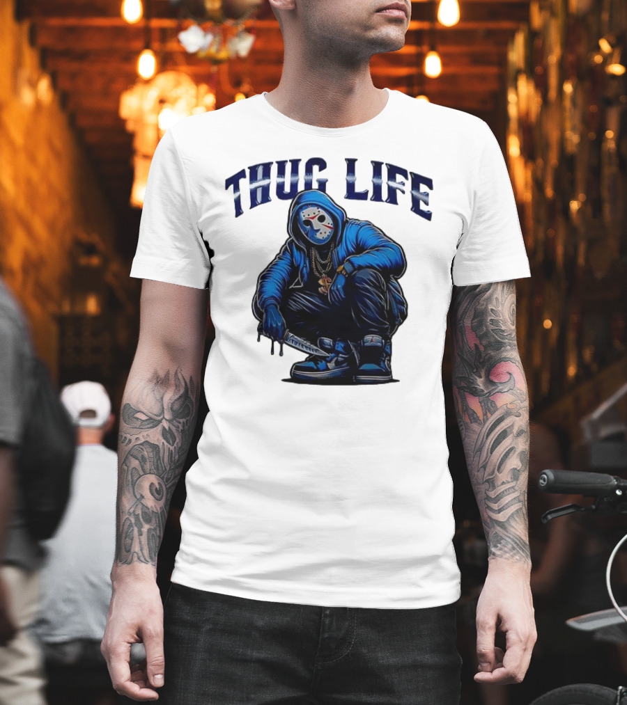 Thug Life Masked Man Sitting With Knife In Blue Hoodie And Sneakers T-Shirt