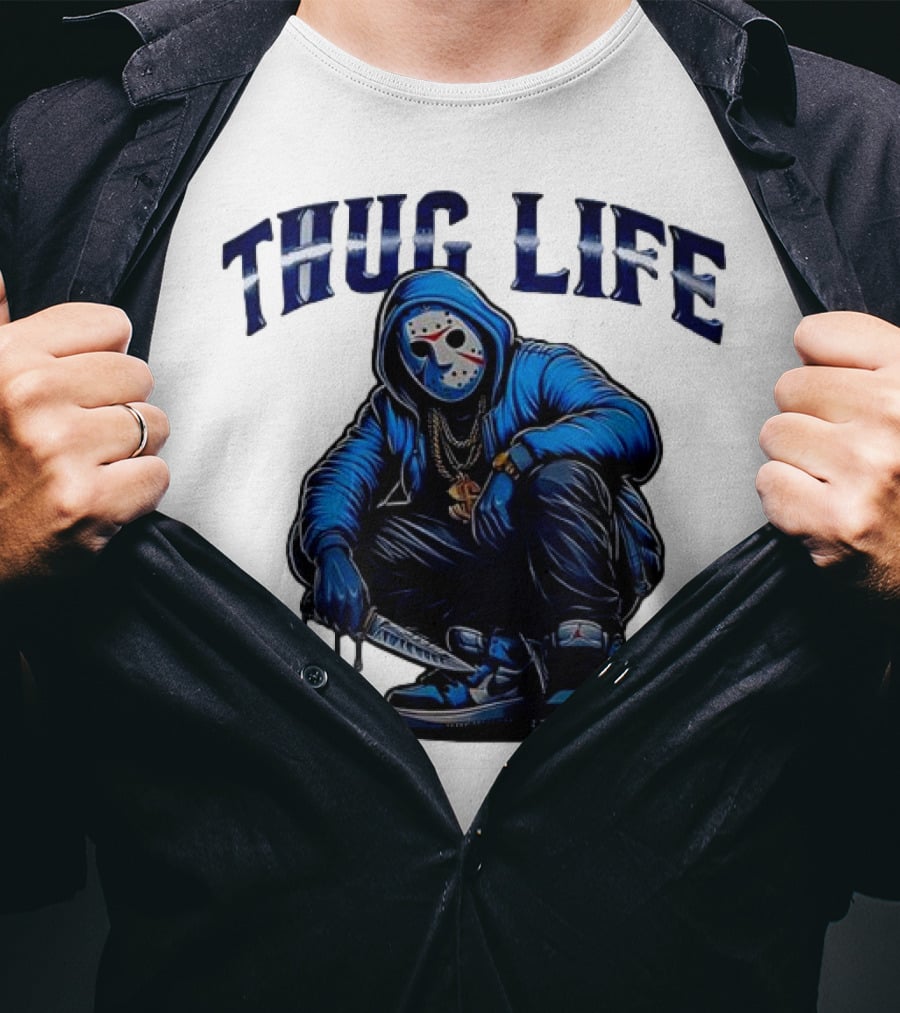 Thug Life Masked Man Sitting With Knife In Blue Hoodie And Sneakers T-Shirt