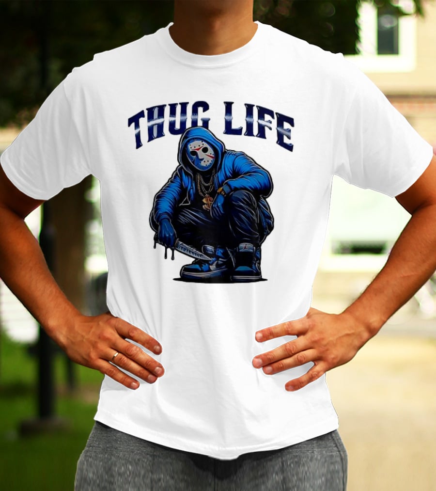 Thug Life Masked Man Sitting With Knife In Blue Hoodie And Sneakers T-Shirt