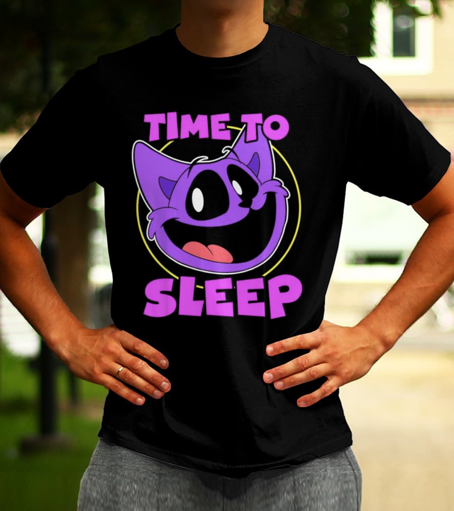 Time To Sleep Purple Cat Cartoon Face T-Shirt