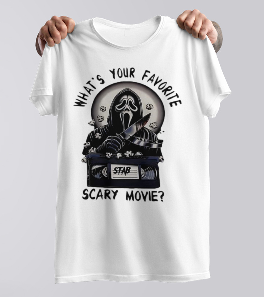 What's Your Favorite Scary Movie Ghostface Stab VHS Popcorn T-Shirt