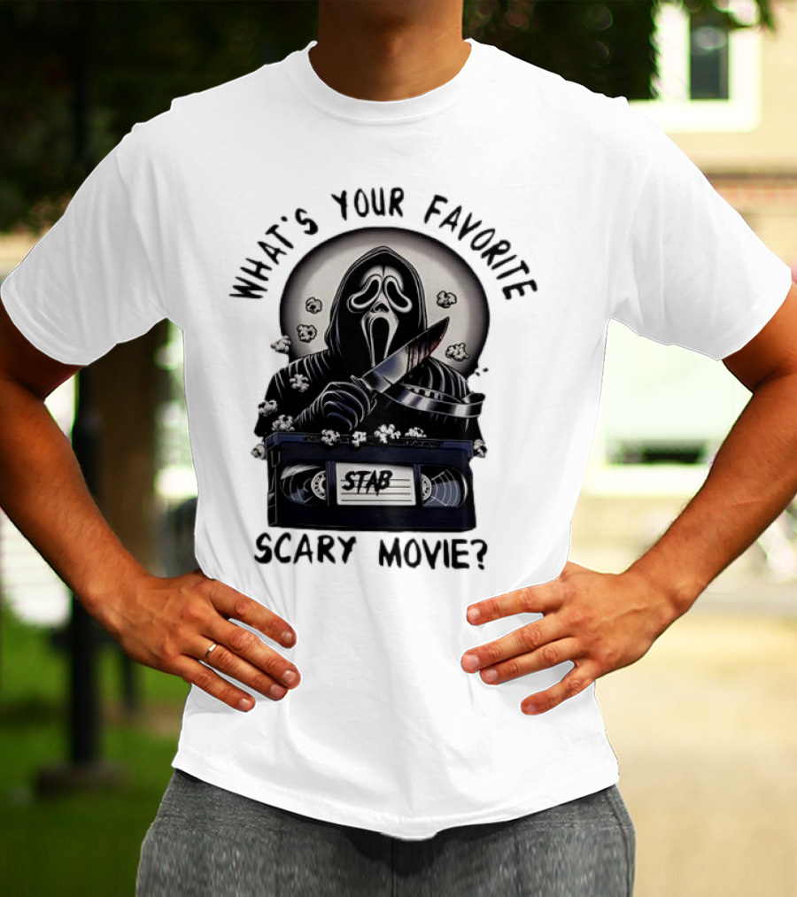 What's Your Favorite Scary Movie Ghostface Stab VHS Popcorn T-Shirt