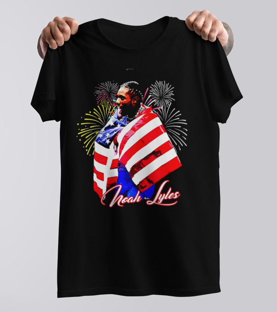 Noah Lyles With American Flag Fireworks T-Shirt