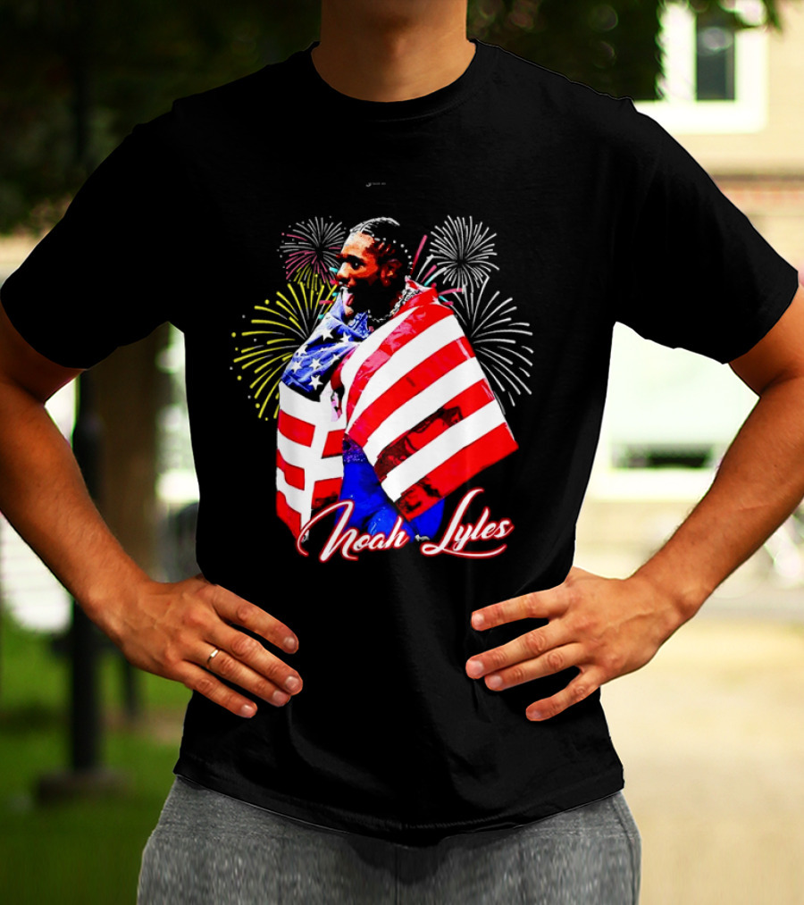 Noah Lyles With American Flag Fireworks T-Shirt