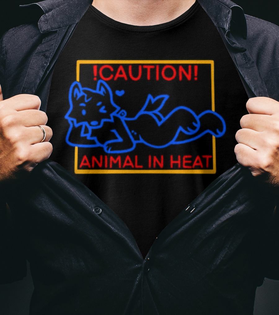 Caution Animal In Heat Neon Sign Playful Fox Character T-Shirt