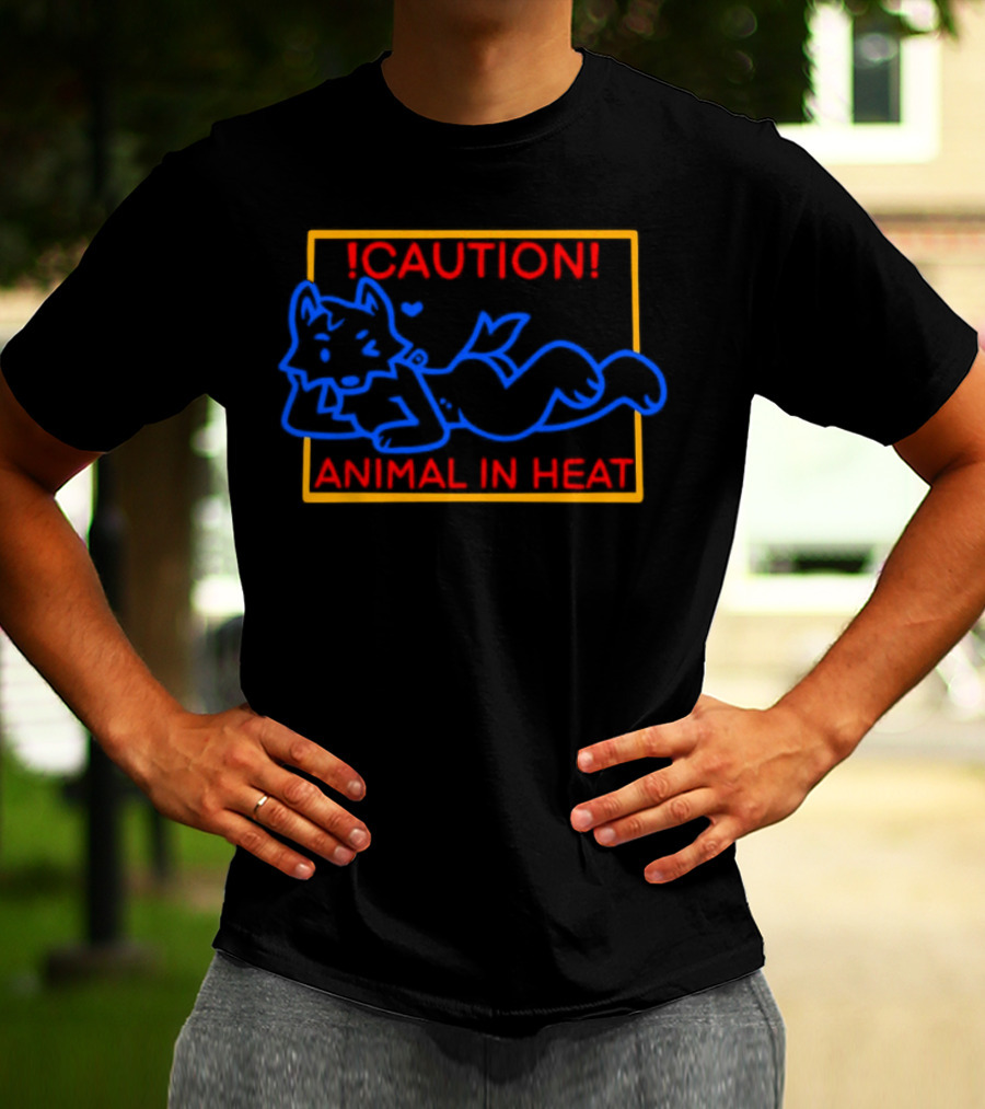 Caution Animal In Heat Neon Sign Playful Fox Character T-Shirt