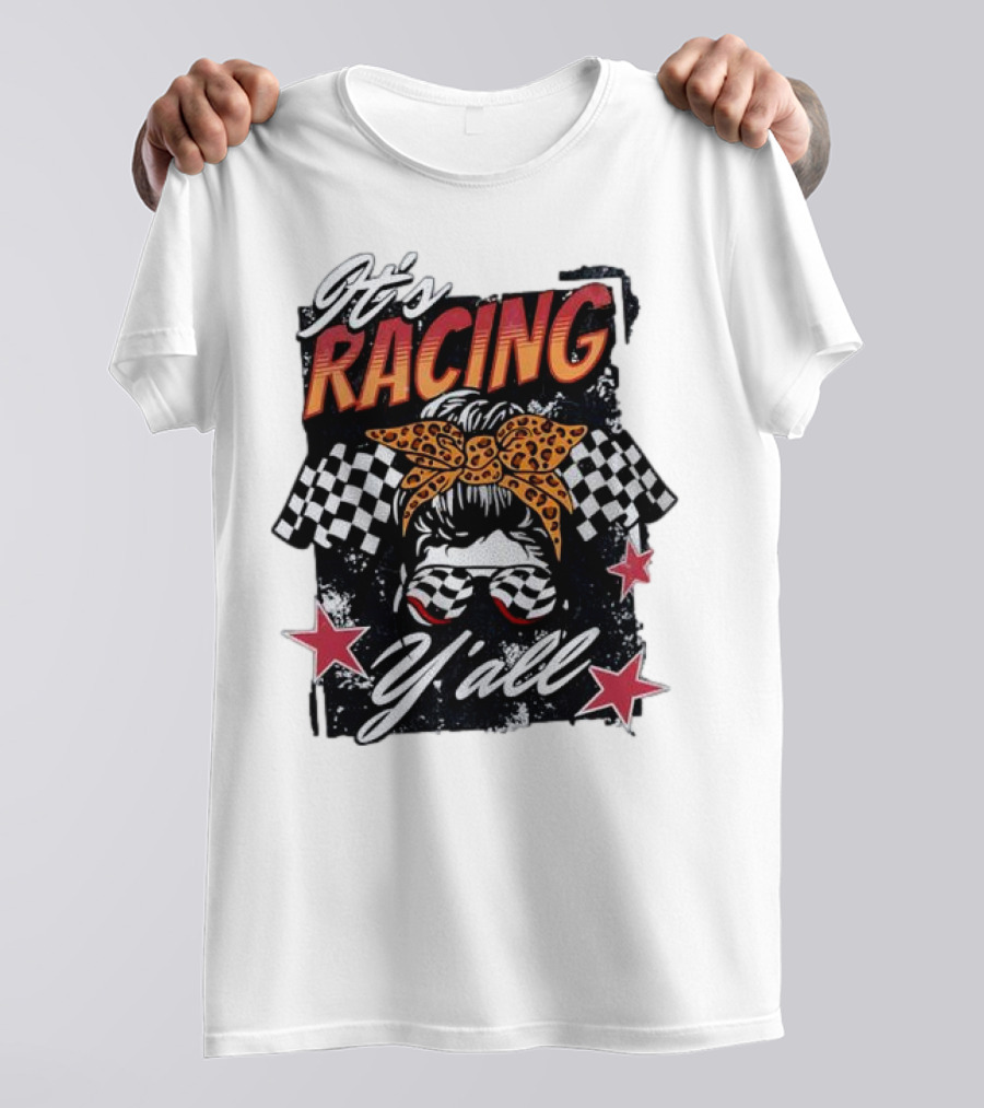 It's Racing Y'all Racing Girl Checkered Flag Leopard Print Bow T-Shirt