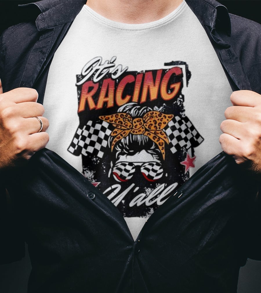 It's Racing Y'all Racing Girl Checkered Flag Leopard Print Bow T-Shirt