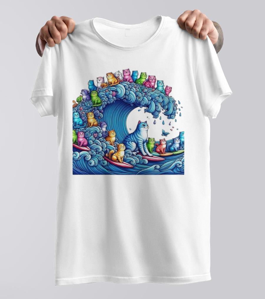 Cats Surfing In A Colorful Wave Bringing Joy T-Shirt