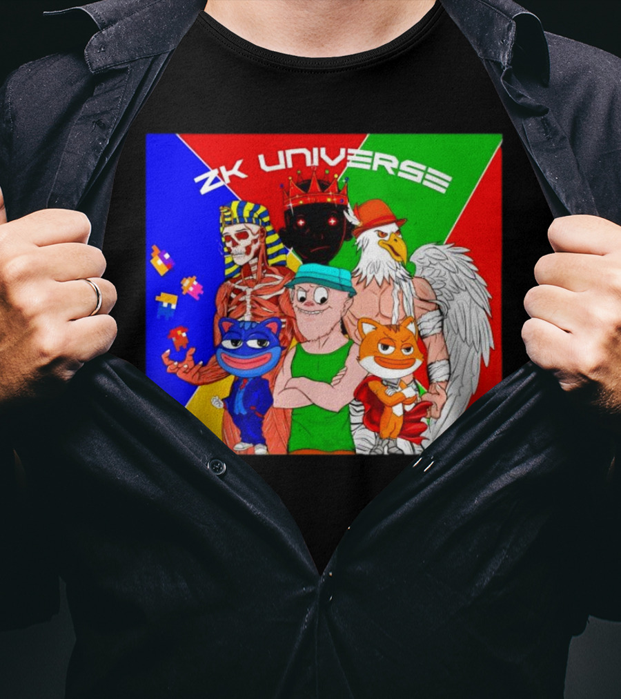 ZK Universe Colorful Characters With Pharaoh Skeleton, Crowned Figure, And Winged Eagle T-Shirt