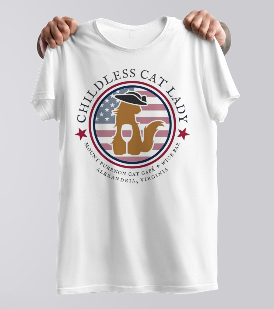 Childless Cat Lady Mount Purrnon Cat Café Wine Bar Alexandria Virginia American Flag Hat And Wine Glass Cat T-Shirt