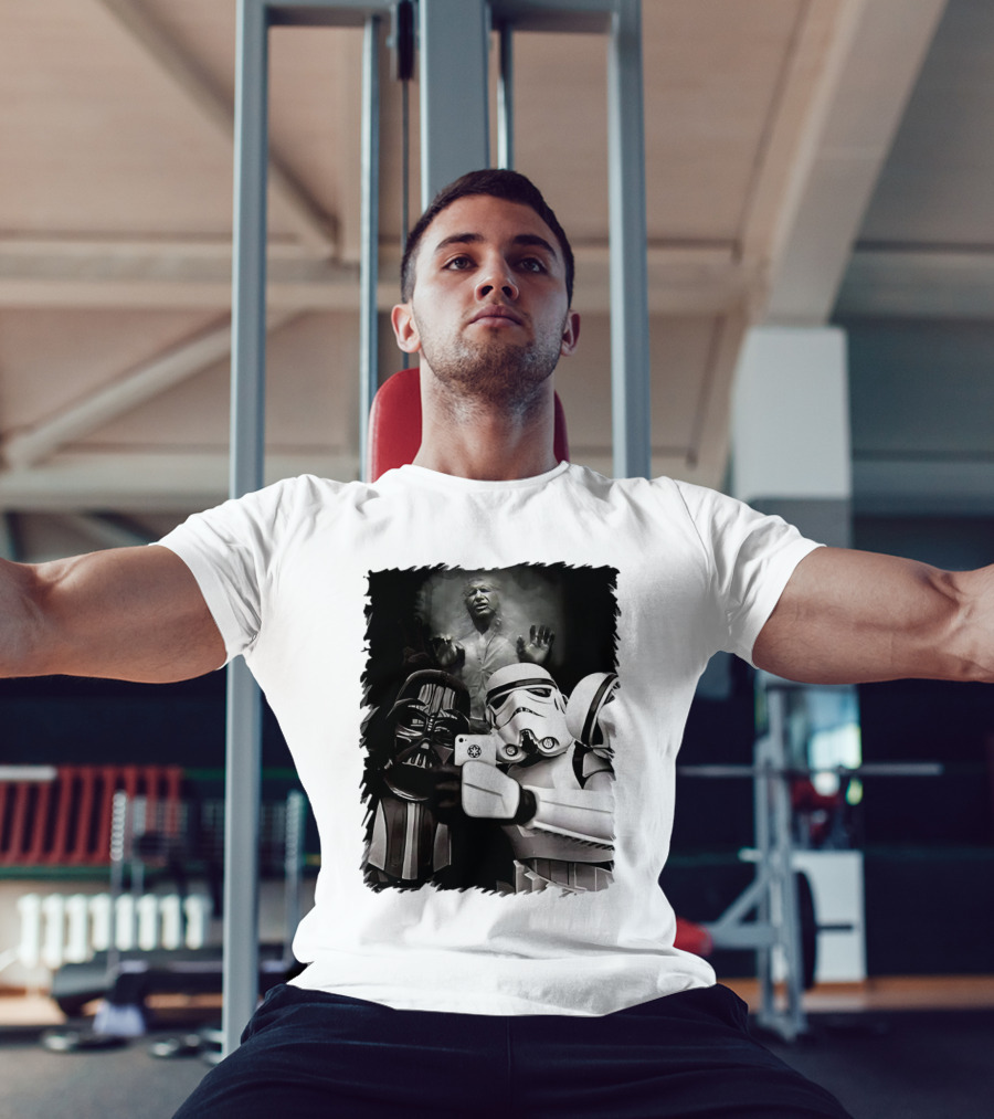 Star Wars Darth Vader And Stormtrooper Taking Selfie With Han Solo Frozen In Carbonite T-Shirt