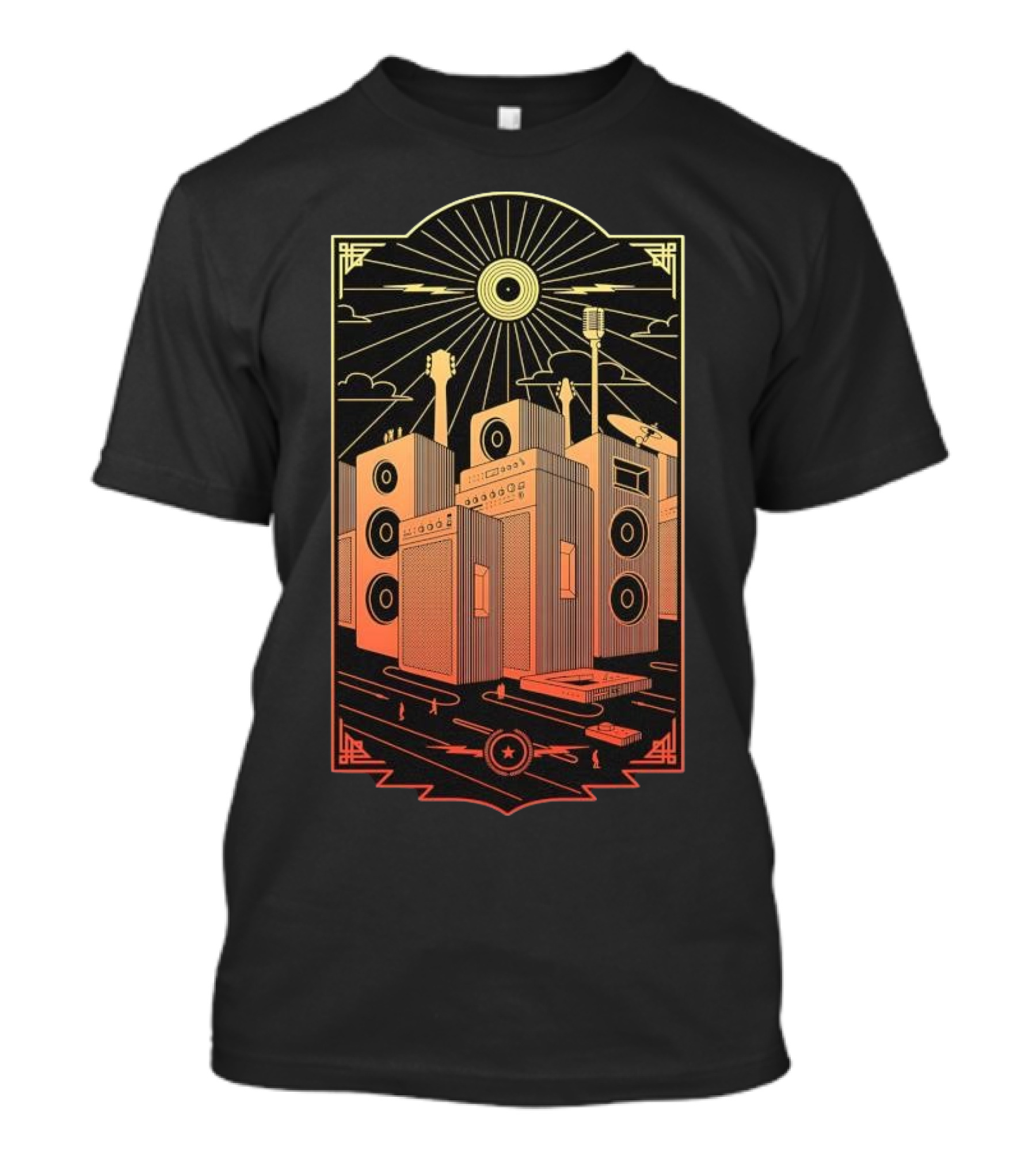 Sound City Amplifier Cityscape With Musical Instruments And Sunburst T-Shirt