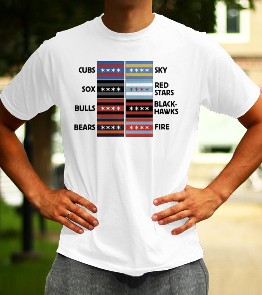 Chicago Cubs Sox Bulls Bears Sky Red Stars Blackhawks Fire Flag T-Shirt