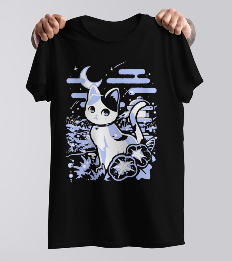 A Cat Amidst Moonlit Fireflies And Stars T-Shirt