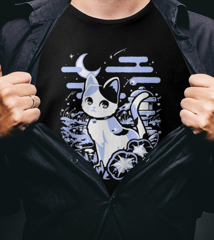 A Cat Amidst Moonlit Fireflies And Stars T-Shirt