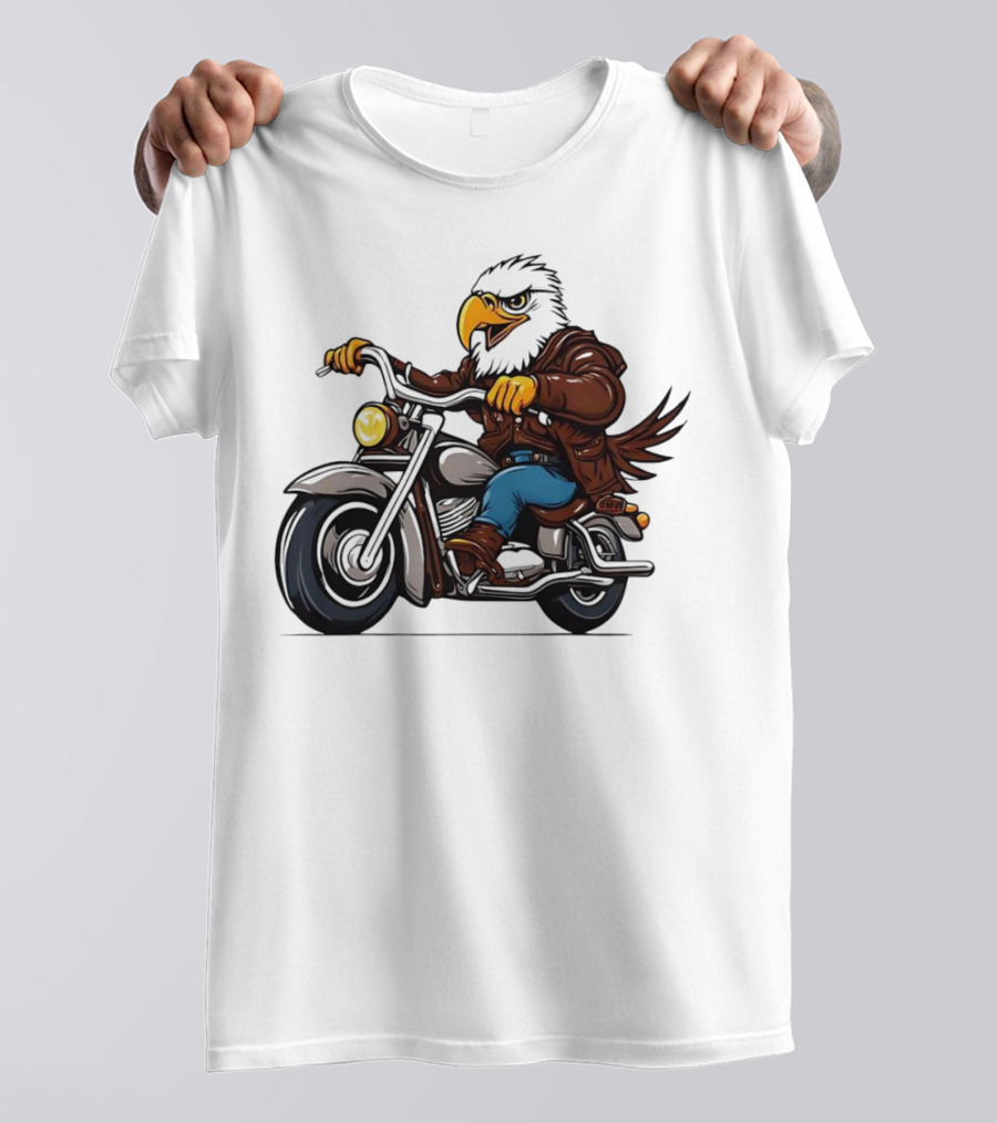 Eagle Riding Motorcycle In Brown Jacket And Blue Jeans T-Shirt