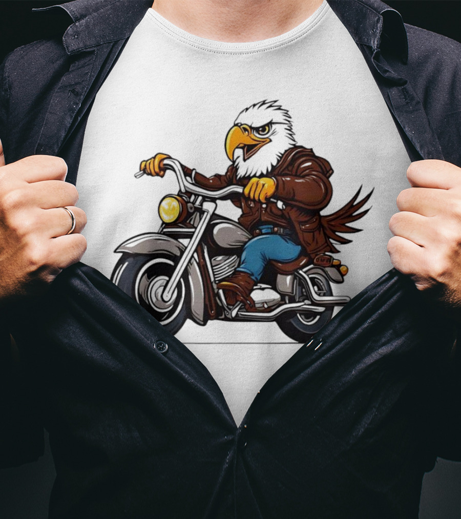 Eagle Riding Motorcycle In Brown Jacket And Blue Jeans T-Shirt