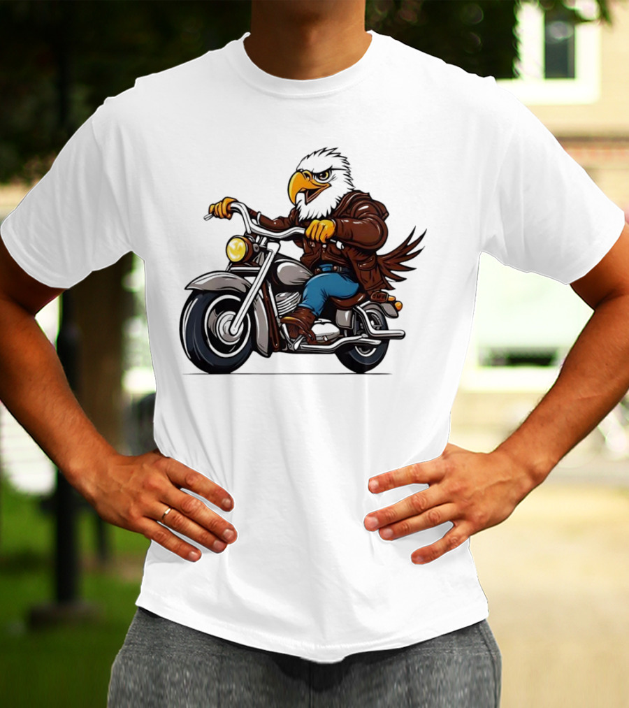 Eagle Riding Motorcycle In Brown Jacket And Blue Jeans T-Shirt