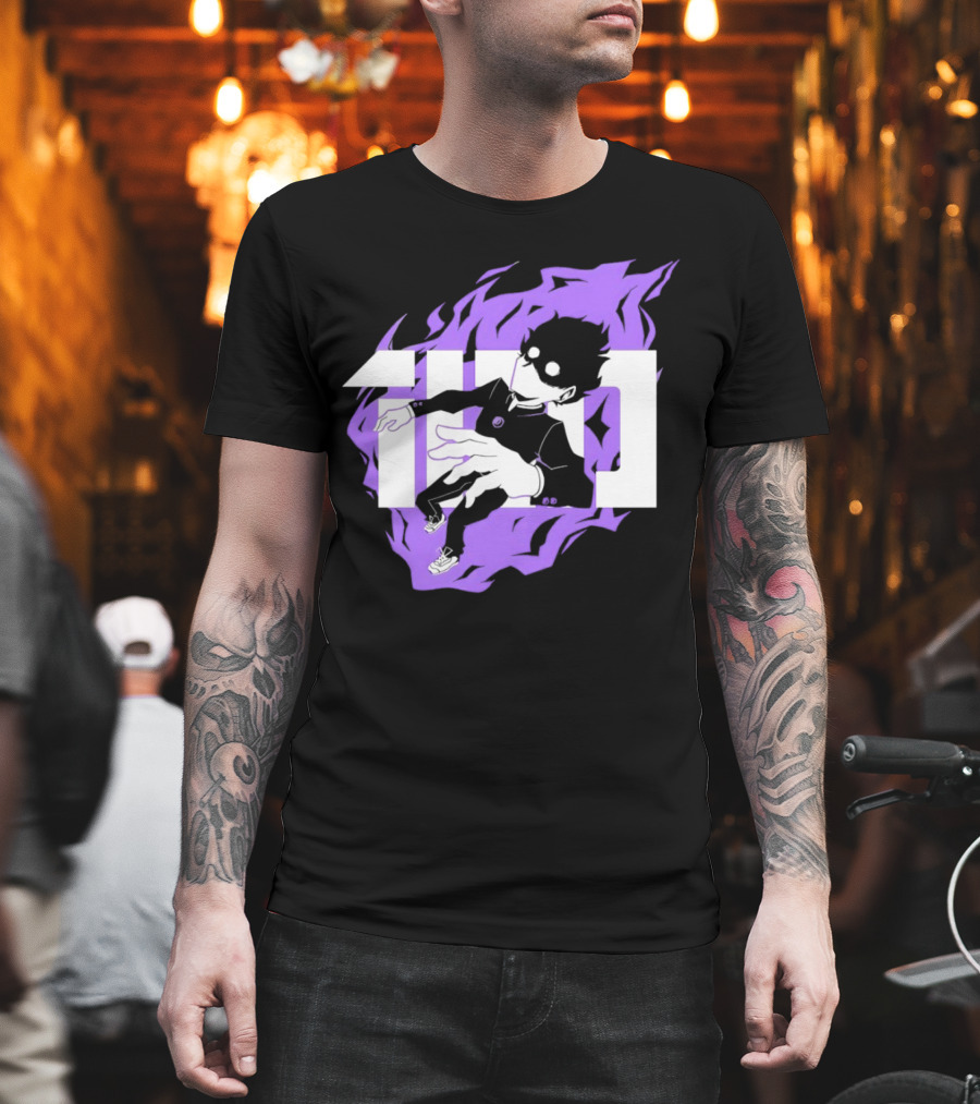Mob Psycho 100 Psyched Out Character With Purple Aura And Bold Typography T-Shirt