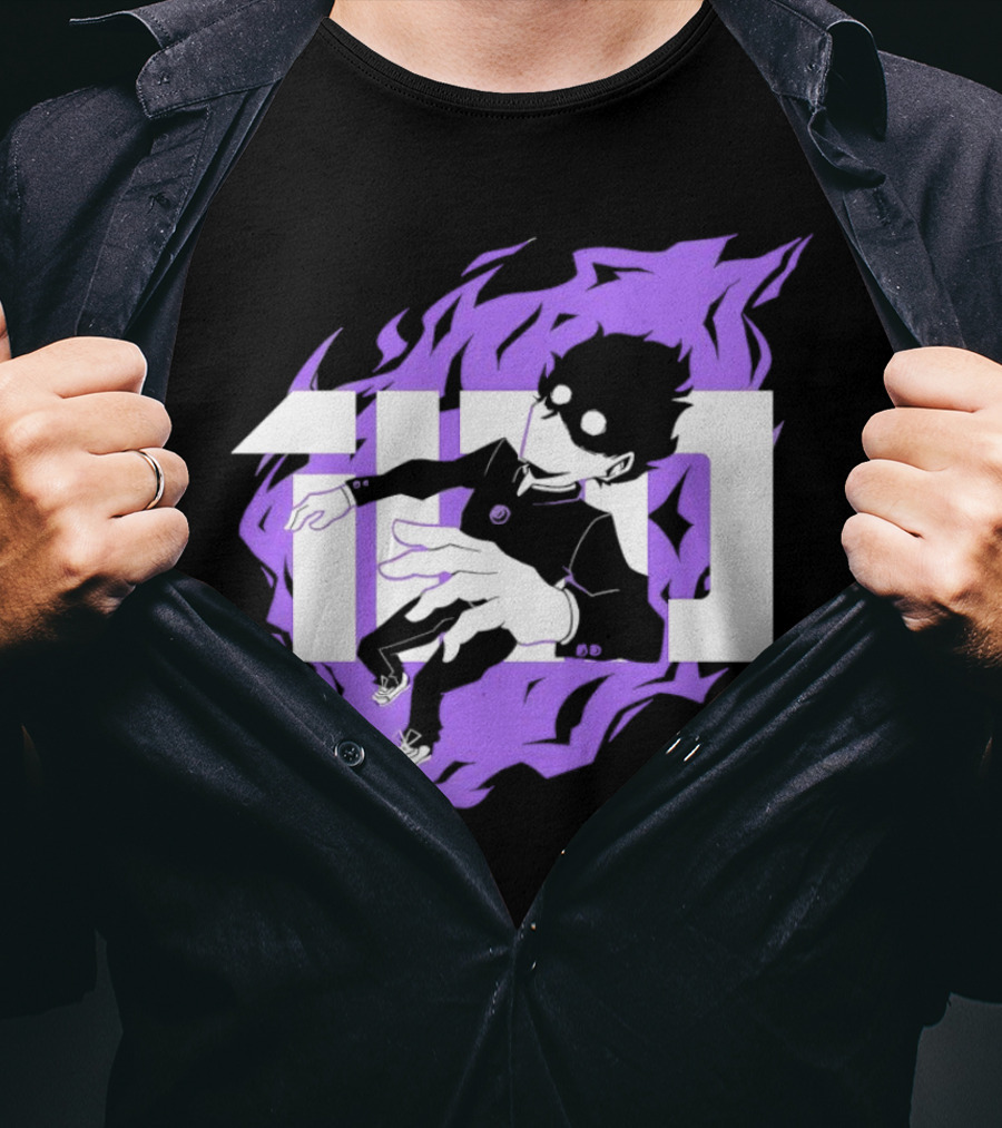 Mob Psycho 100 Psyched Out Character With Purple Aura And Bold Typography T-Shirt