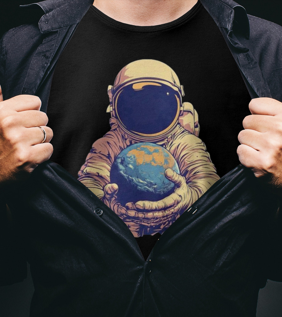 Astronaut Embracing Planet Earth Cosmic Guardians Of Home T-Shirt