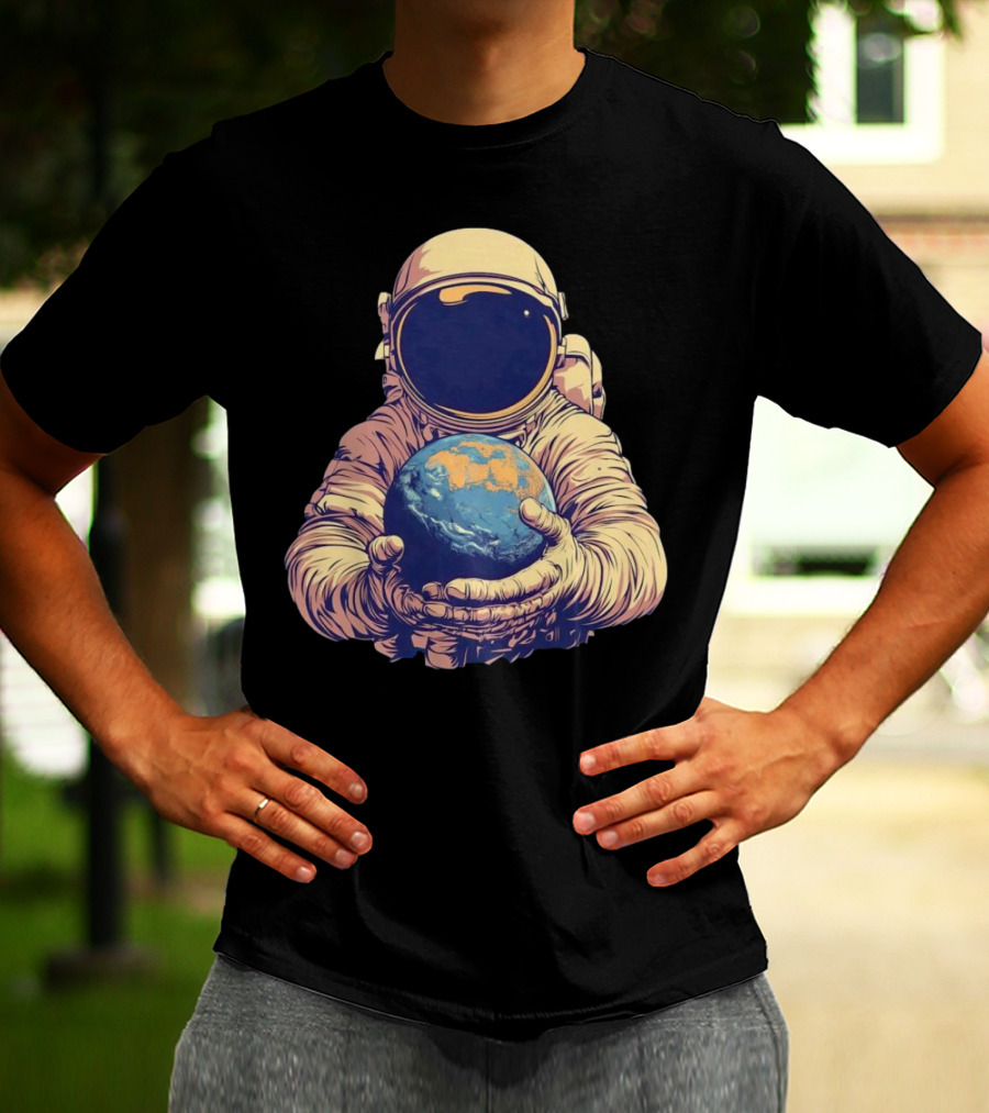 Astronaut Embracing Planet Earth Cosmic Guardians Of Home T-Shirt