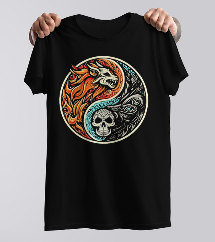 Wolf Warrior Yin Yang Skull Flame Elements T-Shirt