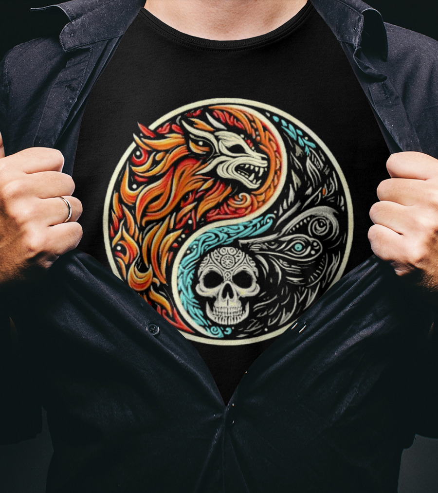 Wolf Warrior Yin Yang Skull Flame Elements T-Shirt