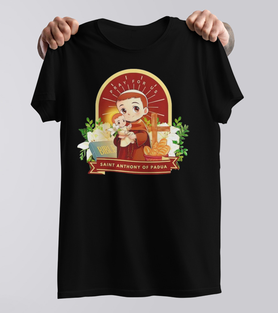 Saint Anthony Of Padua Pray For Us Cartoon With Bible And Bread T-Shirt