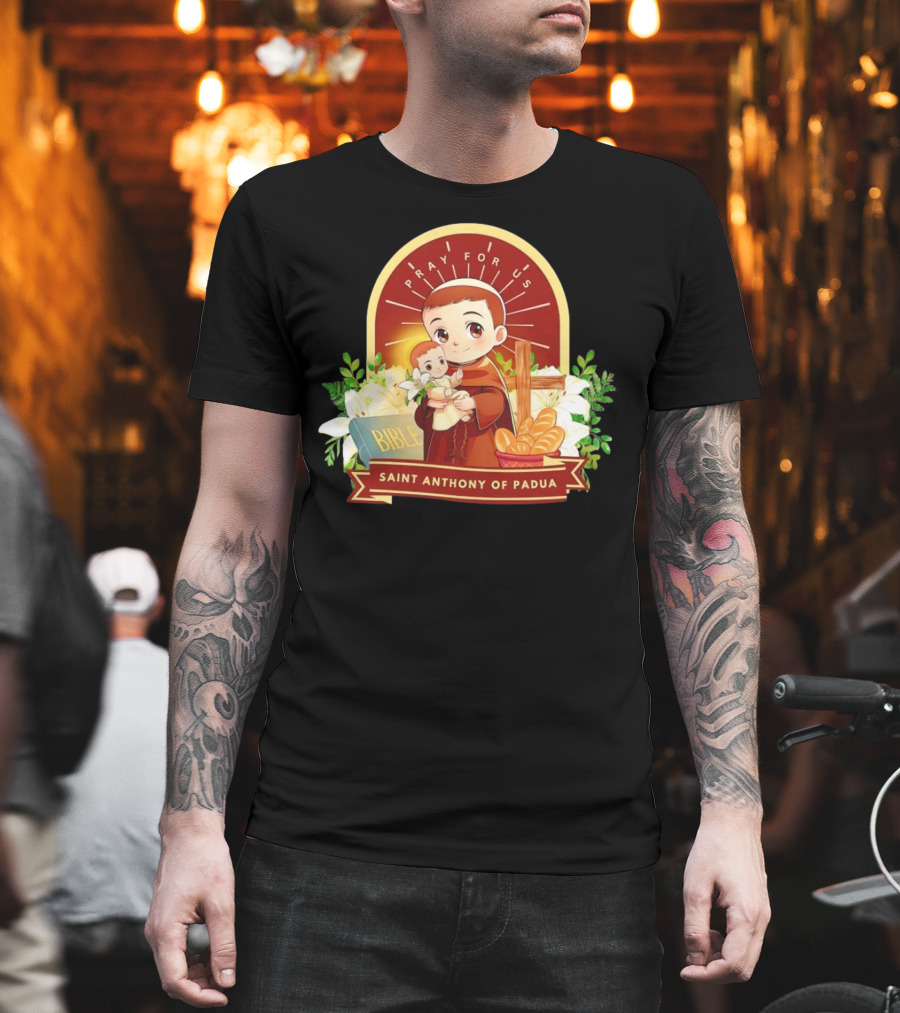 Saint Anthony Of Padua Pray For Us Cartoon With Bible And Bread T-Shirt