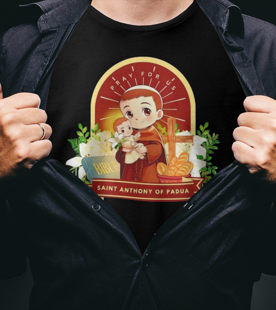 Saint Anthony Of Padua Pray For Us Cartoon With Bible And Bread T-Shirt