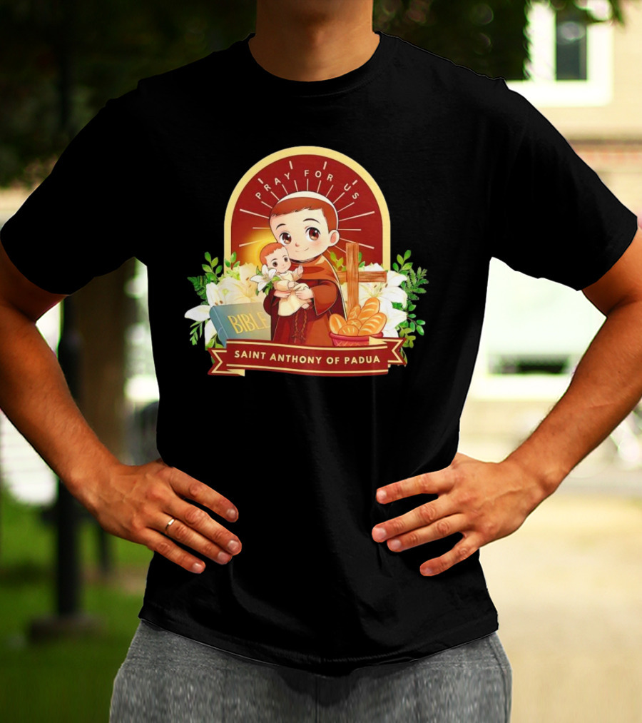 Saint Anthony Of Padua Pray For Us Cartoon With Bible And Bread T-Shirt