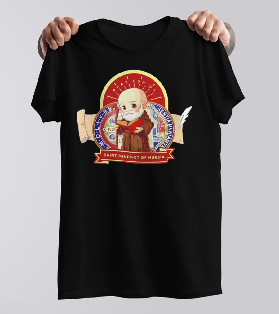 Saint Benedict Of Nursia Pray For Us Cartoon M O L I V B Senitas Munian E I V B Benedict II O S Smqlv X O P S V R S M Q L I V B P A X C S P B T-Shirt