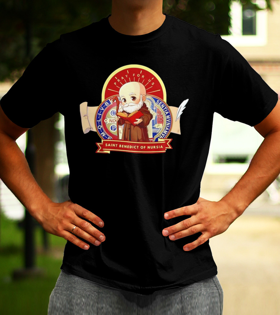 Saint Benedict Of Nursia Pray For Us Cartoon M O L I V B Senitas Munian E I V B Benedict II O S Smqlv X O P S V R S M Q L I V B P A X C S P B T-Shirt