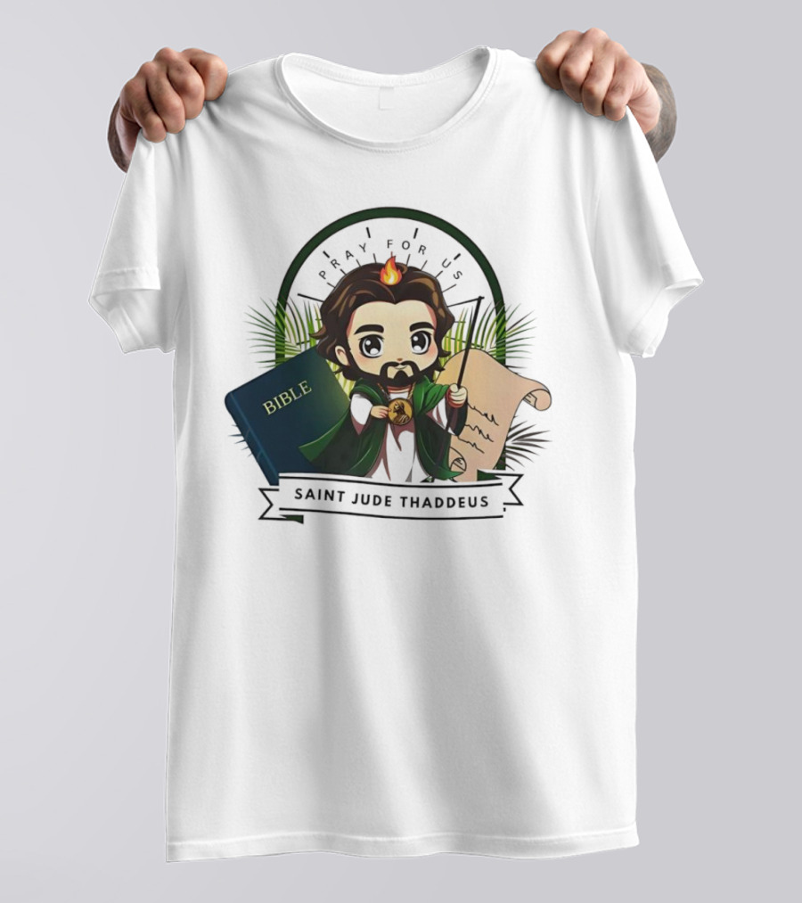 Saint Jude Thaddeus Pray For Us Cartoon Bible Scroll Flame T-Shirt